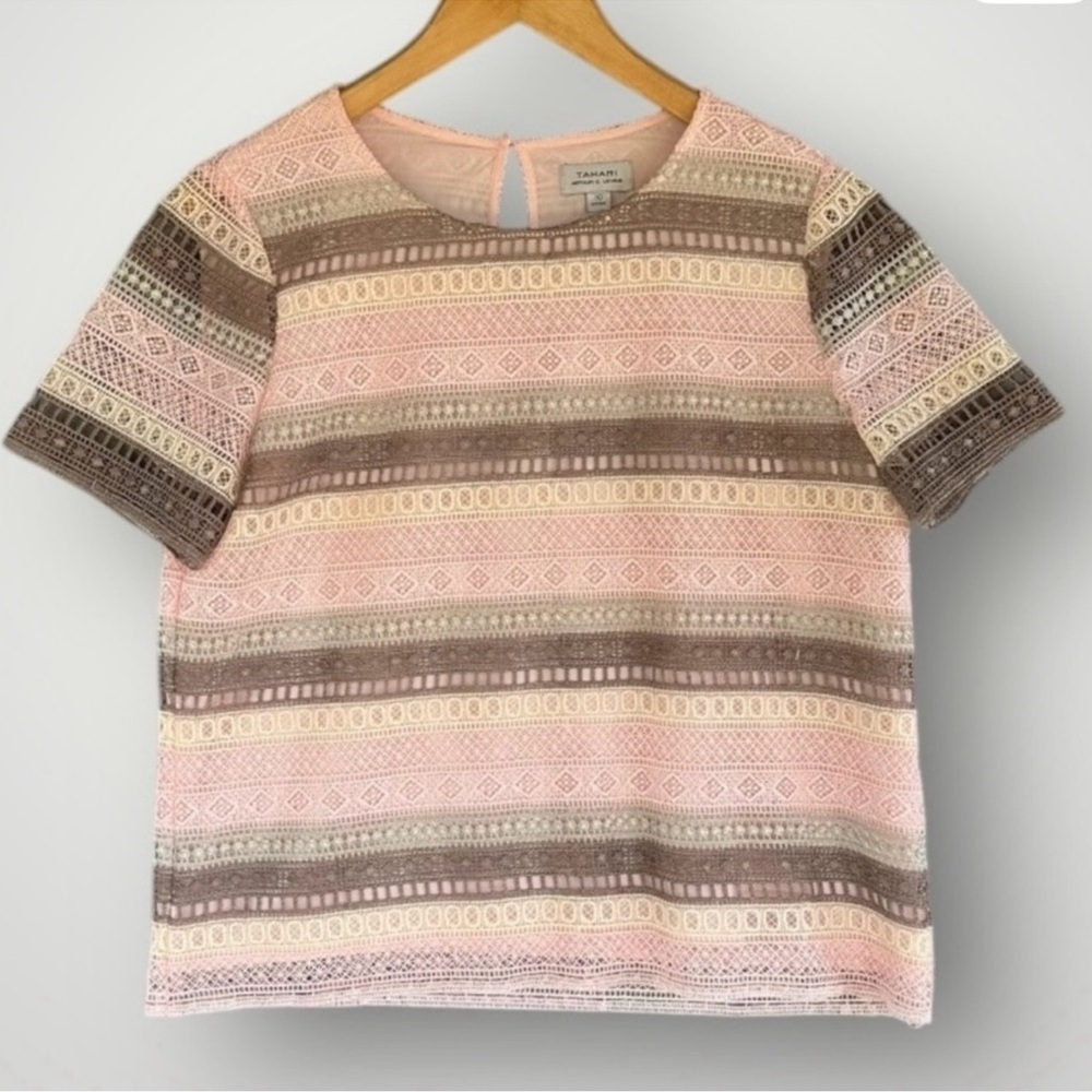 Tahari Pink & Taupe Striped Short Sleeve Top